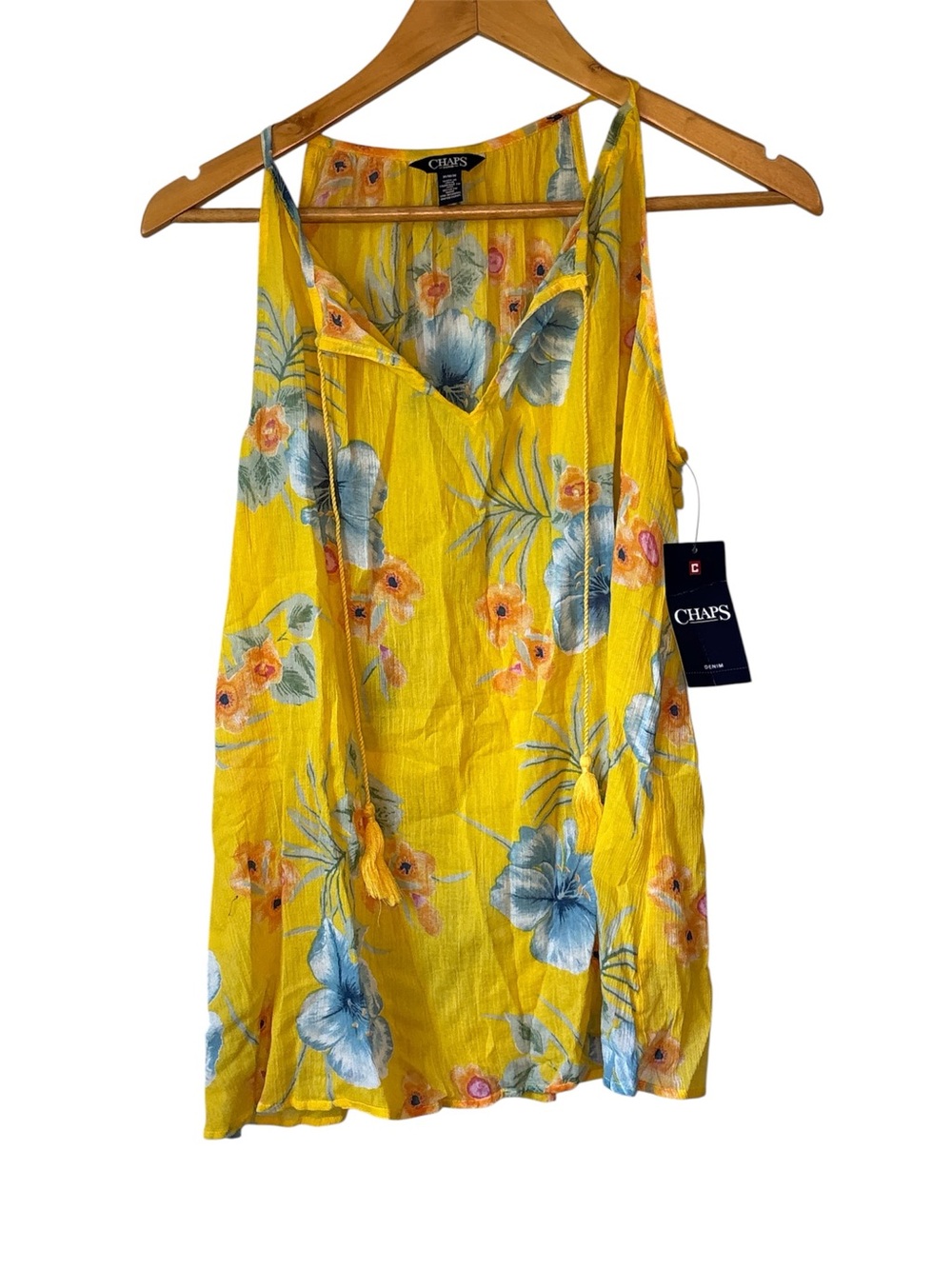NWT Chaps Women Blouse Yellow Floral Tie V-Neck Gardencore Artsy Beachy Medium